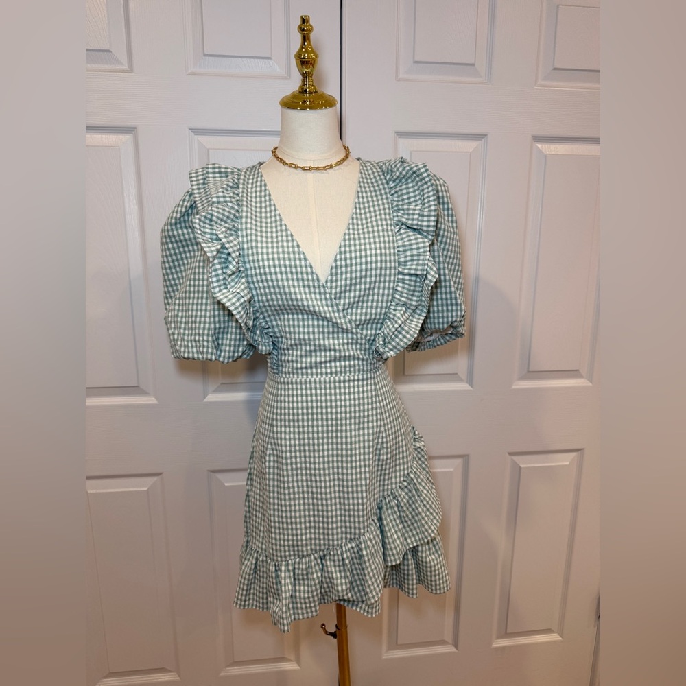 Missguided Green Checkered Ruffle Mini Dress